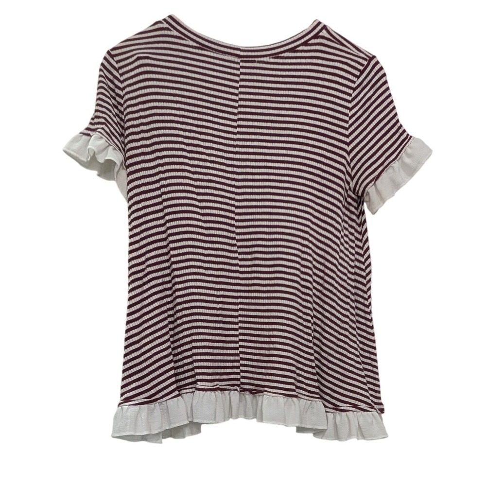 Altar'd State Top Burgundy White Striped Ruffle Trim Ribbed Knit - Small - Picture 3 of 5